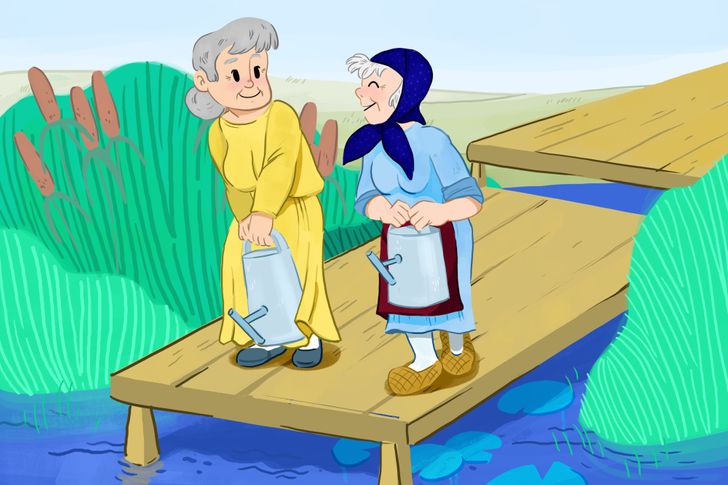 Възрастни жени с кани за вода