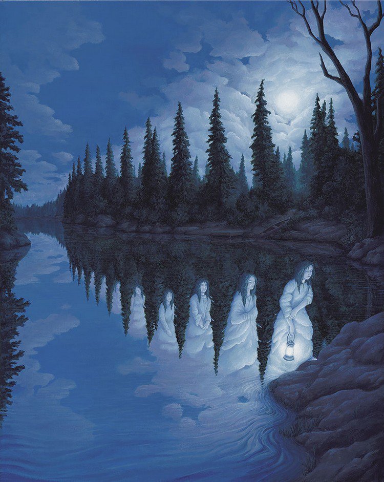 Women lake trees